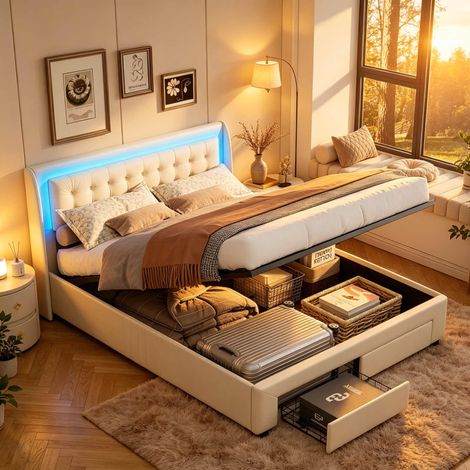 Letto contenitore 180x200 cm in velluto beige con cassetti e LED, letto matrimoniale idraulico, rete a doghe