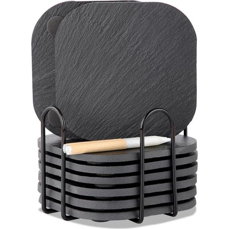 Lot de 8 dessous de verre carrés en ardoise avec support - Coins ronds de 10 cm - Avec patins en feutre antidérapants - Pour table, boissons, bar, sets de table (1/5)