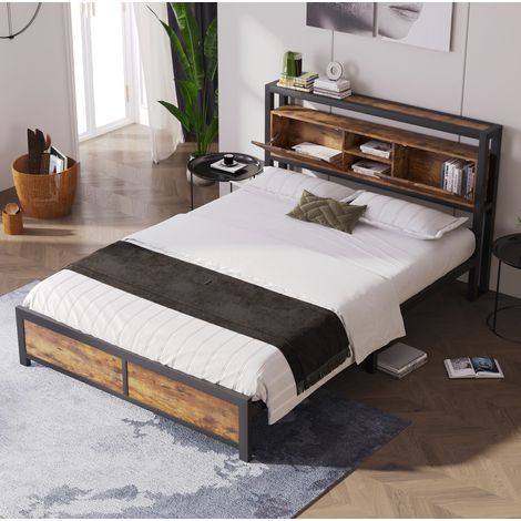 Lit 140x200 avec tête de lit rangement métal bois HAVRYA (1/5)