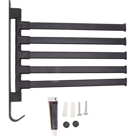 Handtuchhalter, schwarz, drehbar, Wandmontage, 5-armig, Eck-Handtuchstange zur Wandmontage, kein Bohren erforderlich (1/5)