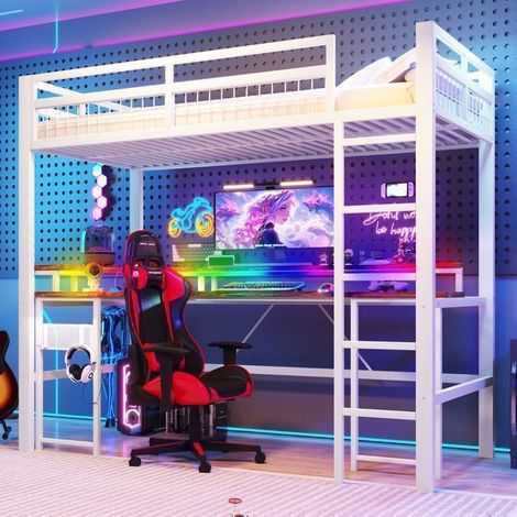 Lit Mezzanine 90x200cm avec Bureau et LED - lit simple - Prises USB/C, Panneau Perforé, Blanc, garde-corps de sécurité, lit ado (1/5)