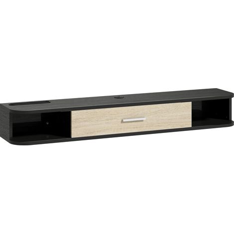 Meuble TV mural 120 cm, support téléviseur jusqu'à 50 pouces, porte abattante, 2 étagères ouvertes avec passe-fils, noir. (1/5)