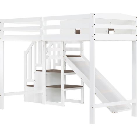 Lit superposé, lit enfant avec fenêtre, toboggan pour enfant, escalier avec main courante, 2 casiers dans l’escalier, design polyvalent, grand espace de rangement, pin+MDF, blanc+brun, 90x200cm (1/5)