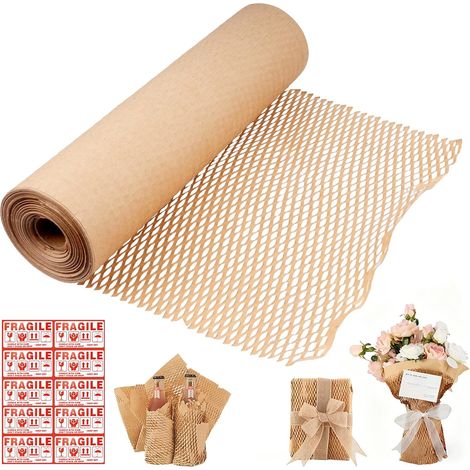 Rouleau de papier à bulles pour emballage, 30 cm x 30 m, papier d'emballage en nid d'abeille, marron pour déménagement, expédition, objets cassables et cadeaux, avec 10 feuilles d'autocollants (1/5)