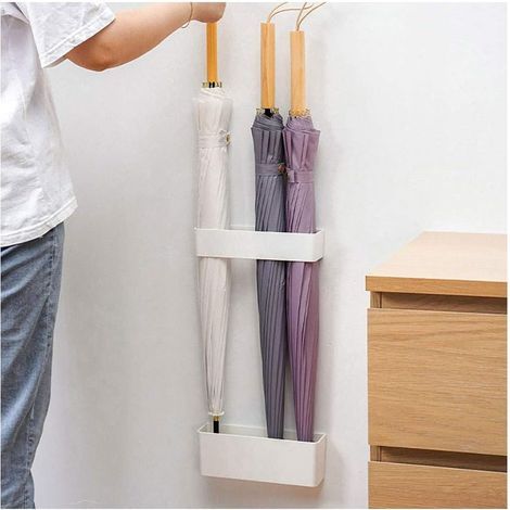 Porte-parapluie,Support de porte-parapluie, support organisateur de porte-parapluie mural, support de rangement pour parapluie ABS sans perceuse, (blanc) 2 pièces - RWPorte-parapluie (1/5)