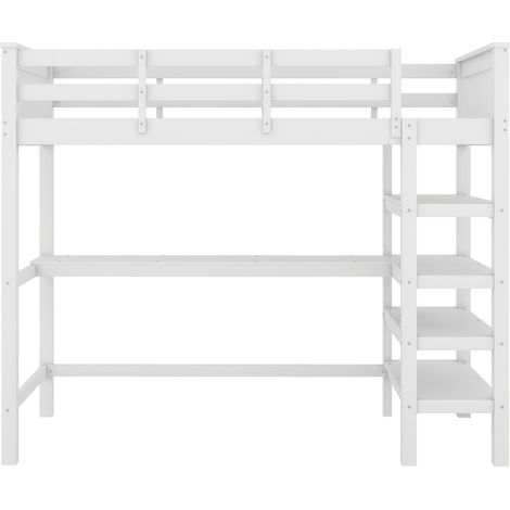 Kinder-Hochbett 90 x 200 cm mit Schreibtisch und Regalen, Weiß, MODENUIT (1/5)