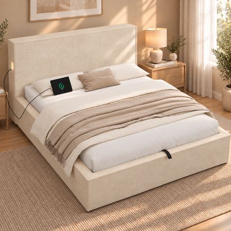 Lit coffre enfant 120 x 200 cm en tissu chenille, rangement hydraulique, sommier à lattes inclus, tête de lit rembourrée, coloris beige, sans matelas (1/5)