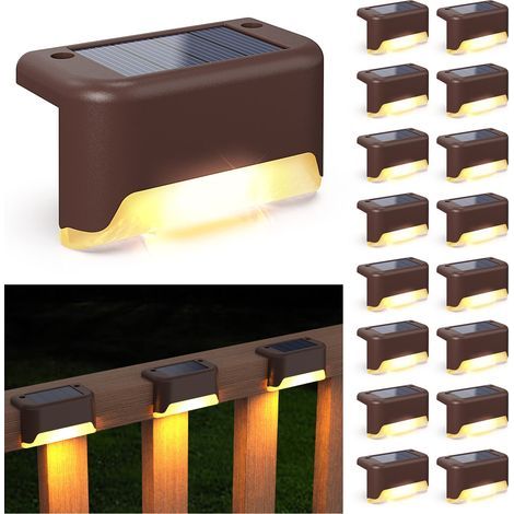 Juego de 16 luces solares para patio, luces solares LED impermeables para exteriores, ideales para escalones, vallas, patios, barandillas y escaleras (luz blanca cálida). (1/5)