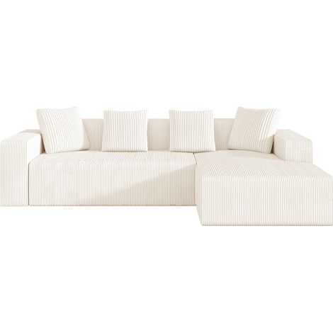 Canapé d'angle modulable 3 places avec méridienne, assise profonde 70 cm, velours côtelé blanc, sofa nuage compact pour salon ou chambre CHICFURN (1/5)