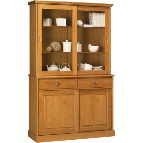 Vaisselier Pin Miel 4 Portes Coulissantes 2 Tiroirs L 121 H 198.8 P 42.3 cm