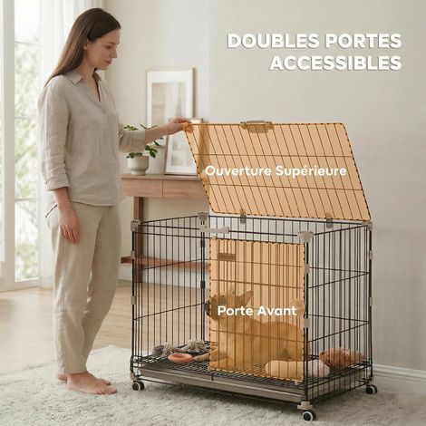 Cage pour Chien, Plateau Amovible, Roues avec Freins, Toit Ouvrant Verrouillable, 75,5x46x64,5cm, Noir (1/5)