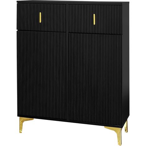 Credenza portazapate nera a 2 ante e 2 cassetti con pannelli testurizzati e piedini dorati (1/5)