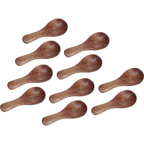 Set aus 10 kurzen lackierten Löffeln „Modell C“ mit breiter Öffnung, Milchpulverlöffel, Gewürzlöffel und Teelöffel. (1/5)