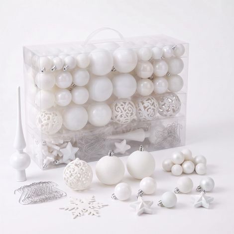Kunststoff Christbaumkugel Set 111-teilig bruchsicher - weiß - Design Weihnachtskugeln inklusive Metall Haken