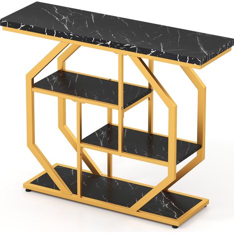 Table de canapé moderne 4 niveaux, table console derrière le canapé avec plateau en faux marbre - noir