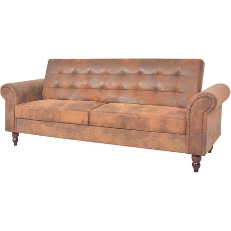 vidaXL Canapé à 2 places convertible accoudoir daim synthétique marron (1/5)