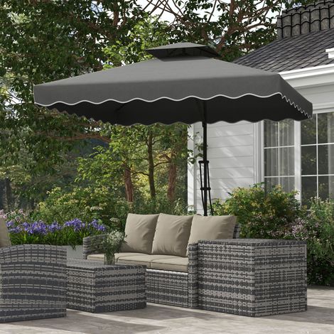 Parasol de jardin. parasol déporté. bordure décorative. toit ventilé. structure métallique. 2.4 x 2.4 x 2.6 m. gris foncé