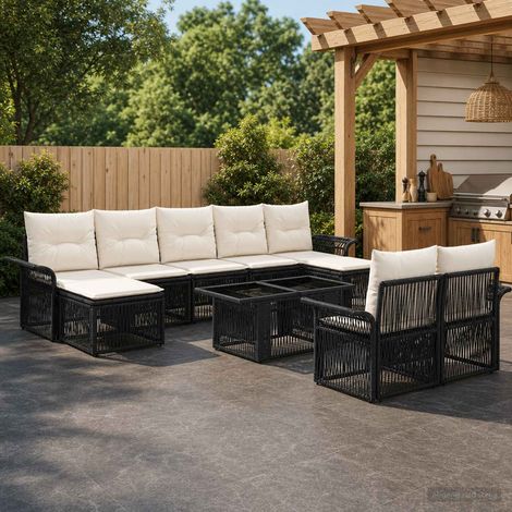vidaXL Set Divano da Giardino 10 pz Nero e Bianco Crema polyrattan (1/5)