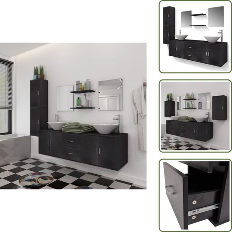 Meuble de salle de bain 11 pcs avec lavabo et robinet Noir - Ensemble Salle De Bain - Meuble Vasque - Rangement Salle De Bain - Lavabo Suspendu - Robinetterie Salle De Bain