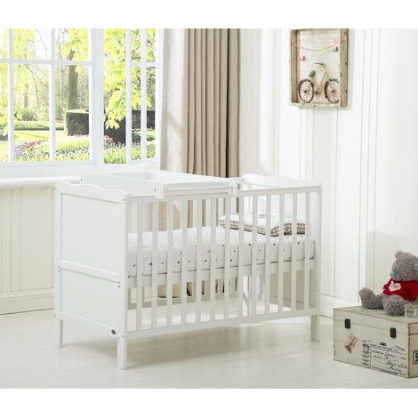 MCC Wooden Baby Cot Bed Orlando Top Changer &Aloe Vera Water repellent Mattress WHITE (1/5)