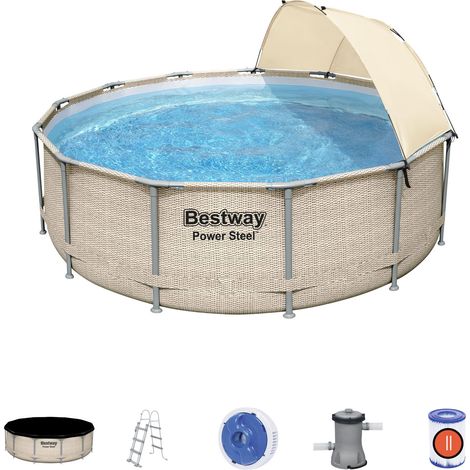 Piscina Desmontable Tubular Bestway Power Steel Diseño Ratán 396x107 cm Depuradora Cartucho 2.006 L/H con Cobertor, Escalera y Techo (1/5)