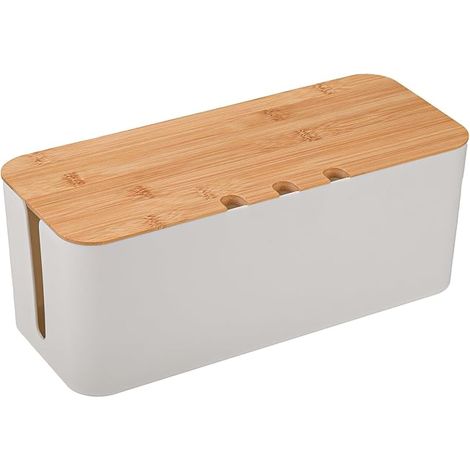 Cable Management Box Cord Storage Box with Bamboo Lid 23.5 x 12 x 11.5 cm Cable Hide Box Cable Organizer for Hiding and Storing Cables White (1/5)