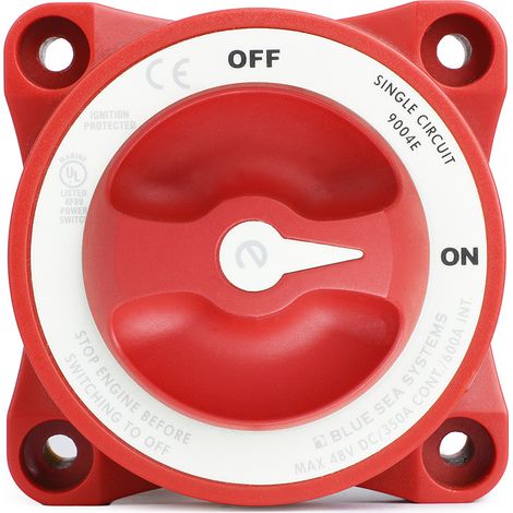 12–48V rotary switch for automotive/marine applications, high-current battery protection, four-position switch, black