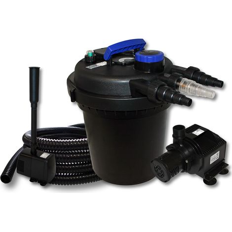 Wiltec Komplettset: CPF-180 Teichdruckfilter bis 6000 L mit 11 Watt UV-C Teichklärer, HJ-5000 ECO Teichpumpe 4000l/h 65W, 25m Teichschlauch 25 mm (1"), HJ-943 ECO Springbrunnenpumpe 800l/h 16W (1/5)