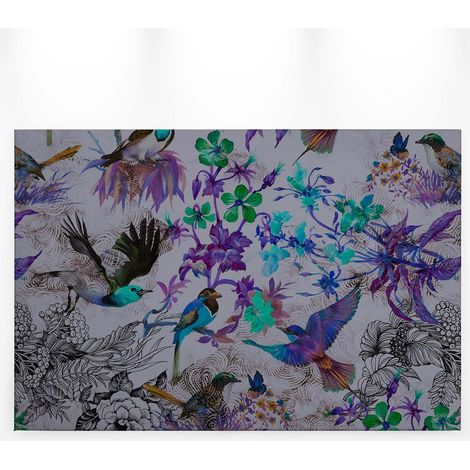 Tableau tropical oiseau et fleur | Tableau sur toile bleu et violet avec fond gris | Tableau décoration été moderne pour salon - 0,9 x 0,6 m (1/5)