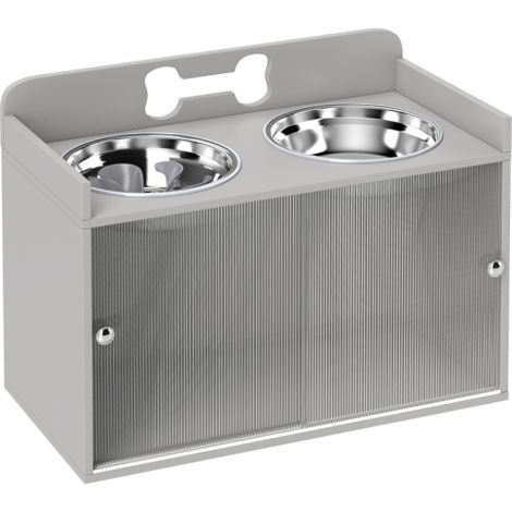 Stazione di alimentazione rialzata con 2 ciotole e mobiletto, MDF, acciaio inox, motivo a osso, grigio, in loco (1/5)