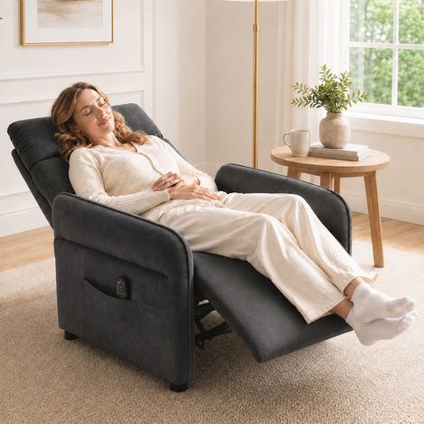 Fauteuil inclinable avec fonction massage et chauffage, dossier inclinable manuellement, accoudoirs réglables, 2 poches latérales, gris foncé (1/5)