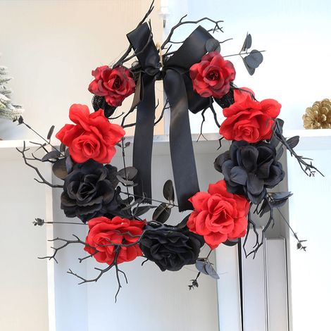 Halloween-Türkranz aus rotem und schwarzem Totholz mit Rosen, schwarzer Halloween-Türkranz, Dekoration für Veranda, Fenster, Innen- und Außenbereich (1/4)