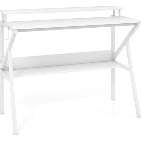 Bureau informatique blanc avec structure métal, support écran, étagère (1/5)