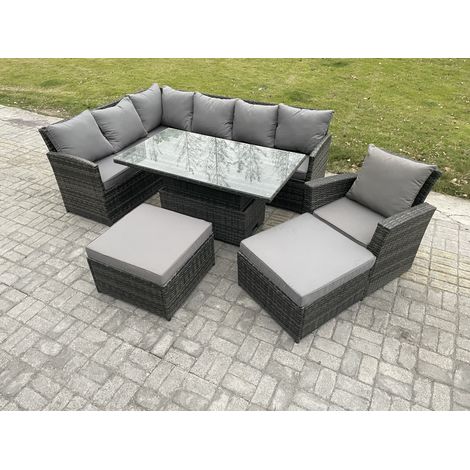 Fimous Outdoor Garden Furniture Set Wicker PE Rattan Height Adjustable Rising Lifting Table Sofa Dining Set with 2 Big Footstool Armchair Dark Grey Mixed