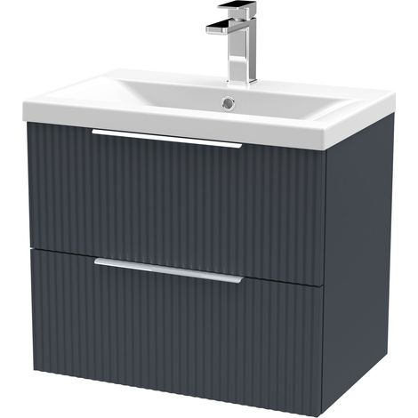 Fluted Front Wall Hung 2-Drawer Bathroom Vanity Unit with 1 Tap Hole Basin, 600mm, Satin Dark Grey, Chrome Handles (1/5)