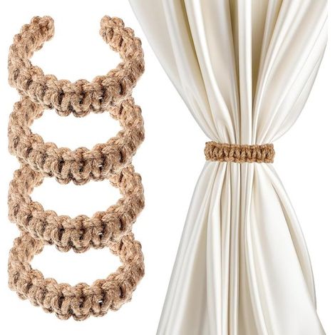 Fermacravatte per tende intrecciati,Set di fermatende boho,Design leggero fatto a mano,Materiale in lino naturale,4 pezzi per camera da letto (1/5)