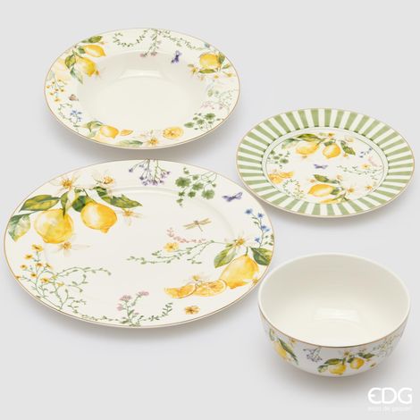 EDG Enzo De Gasperi Set Piatti Limoni Fondi, Piani, Frutta, Ciotole 24 Pz Bianco Giallo