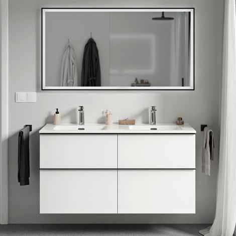 BERNSTEIN - Meuble de salle de bain suspendu bois laqué, meuble vasque 4 tiroirs soft-close - Garantie 5 ans - 64x121x47cm - LAVOA -Blanc mat, Blanc brillant, Anthracite mat (1/5)