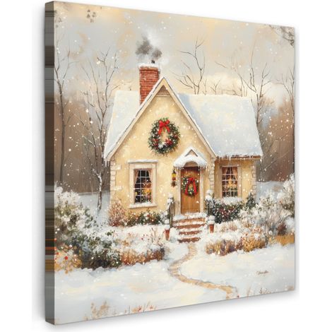 TABLEAU SUR TOILE Noël - Maison - Hiver - Neige Tableau Chambre Adulte 90x90 cm