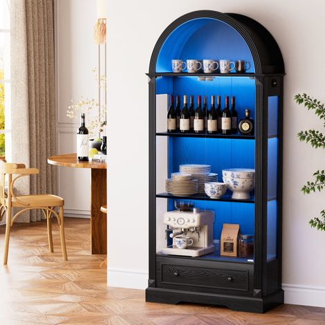Vitrine 80x35x180 cm avec portes en verre trempé, LED tricolore, rangement ouvert, MDF et verre - noir (1/5)