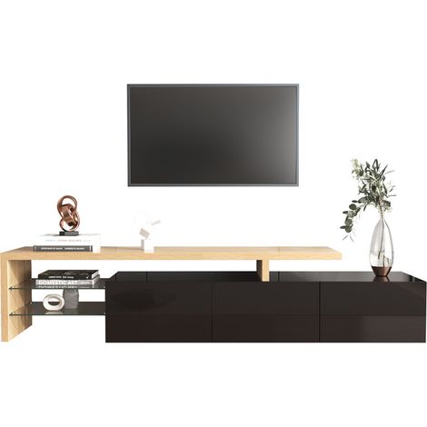 Meuble TV moderne 197,5 cm – Rangement pratique, finition noir et effet bois, étagères en verre, éclairage LED intégré (1/5)