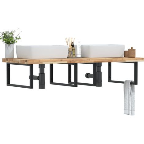 Plan vasque mural en bois d’acacia massif et acier noir, 140 x 60 cm, 4 supports - PANGIVO (1/5)