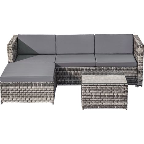 4-Sitzer Gartenmöbel aus Metall, PE-Rattan und wasserdichtem Stoff mit Tisch, Sofa, Hocker und dicken Kissen, Grau (1/5)