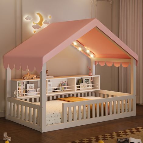 Lit cabane en bois 90x200 cm avec baldaquin, LED, étagère à livres et garde-corps de sécurité, lit enfant avec rideau décoratif - Blanc (1/5)