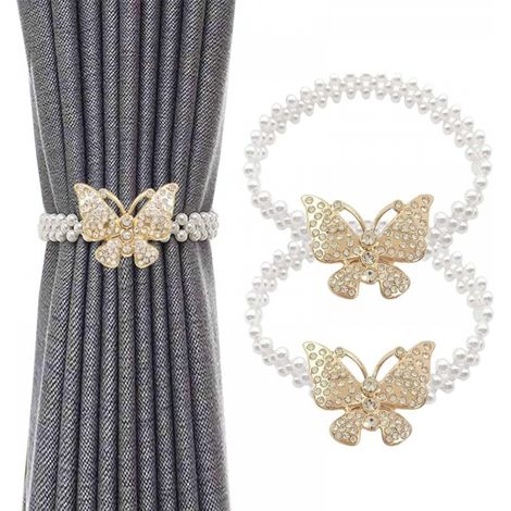 Embrasses de rideaux dorées et argentées en forme de papillon avec perles et boucle en métal, idéales pour le salon et la chambre à coucher,Or (1/5)