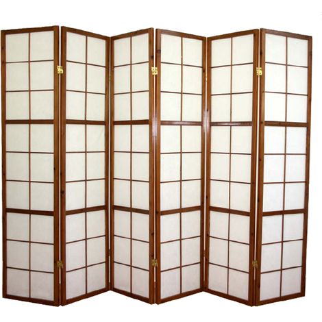 Pegane – Paravent japonais Shoji en bois brun 6 pans L261 x H178,6 cm – Structure en bois verni – Panneaux avec quadrillage et papier de riz
