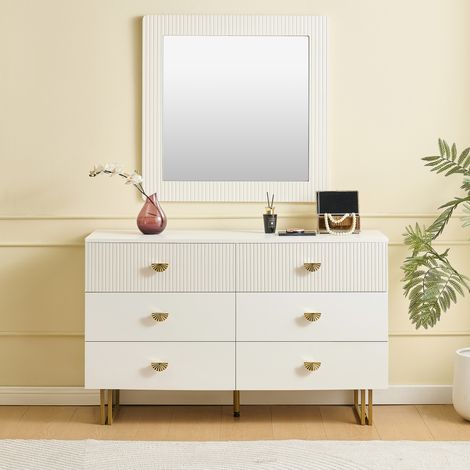 Ensemble buffet et miroir - Miroir mural carré 80x80 cm - 6 tiroirs - MDF - Blanc