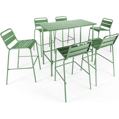 Ensemble table haute de jardin et 6 chaises en métal vert cactus - Palavas