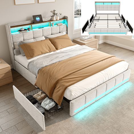 Lit 140x190 cm avec sommier LED et USB, Lit coffre 140x190 cm avec 4 tiroirs et tête de lit rangement, Cadre de lit double, tissu en lin, Beige (1/5)