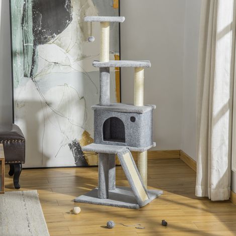 Griffoir Multiniveau pour Chat avec Maisonnette, Échelle, Boule et Poteaux en Sisal, 48x48x125 cm, Gris (1/5)